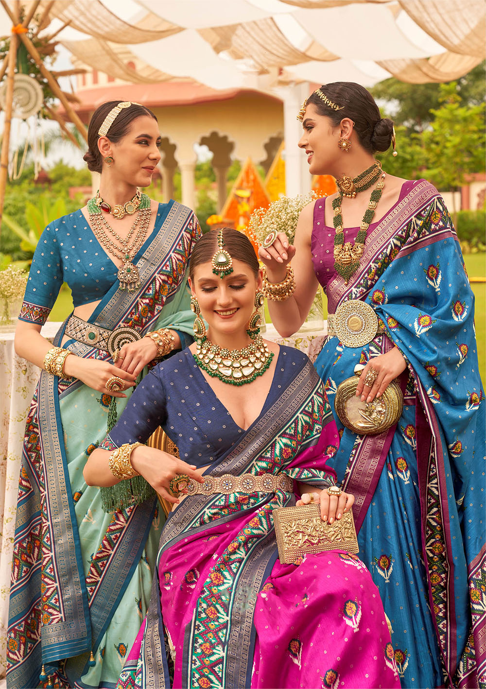 Maya Blue & Designer Border Patola Saree with Blue Contrast Blouse