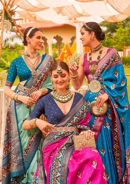 Maya Blue & Designer Border Patola Saree with Blue Contrast Blouse