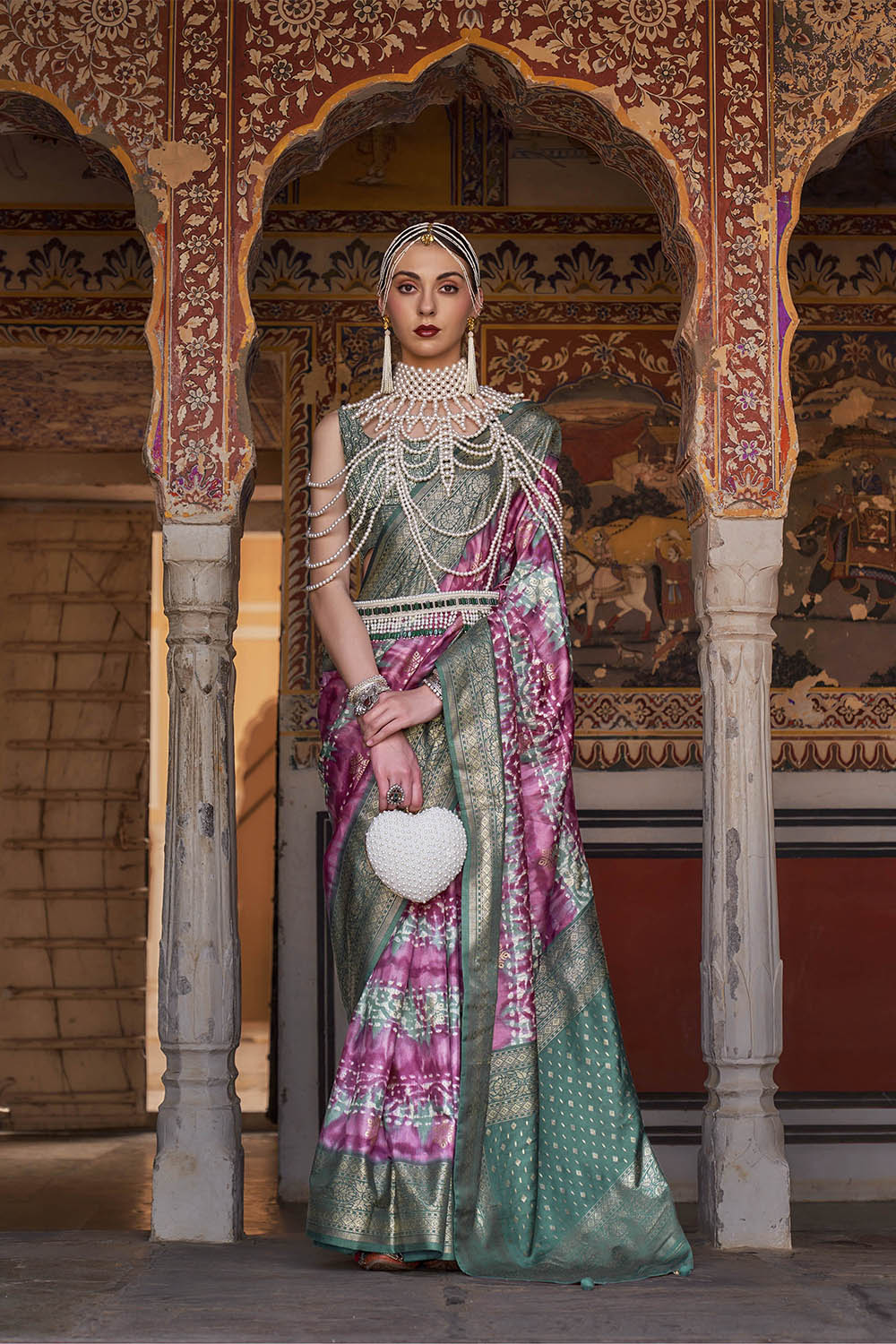 Bubble Gum Pink & Jungle Green Border Patola Saree with Fancy Sleeve Less Blouse