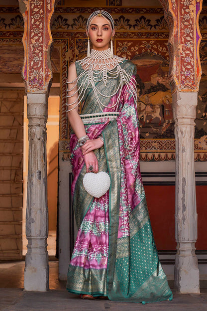 Bubble Gum Pink & Jungle Green Border Patola Saree with Fancy Sleeve Less Blouse