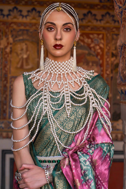 Bubble Gum Pink & Jungle Green Border Patola Saree with Fancy Sleeve Less Blouse