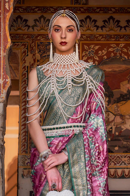 Bubble Gum Pink & Jungle Green Border Patola Saree with Fancy Sleeve Less Blouse