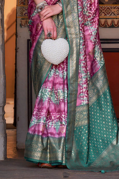 Bubble Gum Pink & Jungle Green Border Patola Saree with Fancy Sleeve Less Blouse