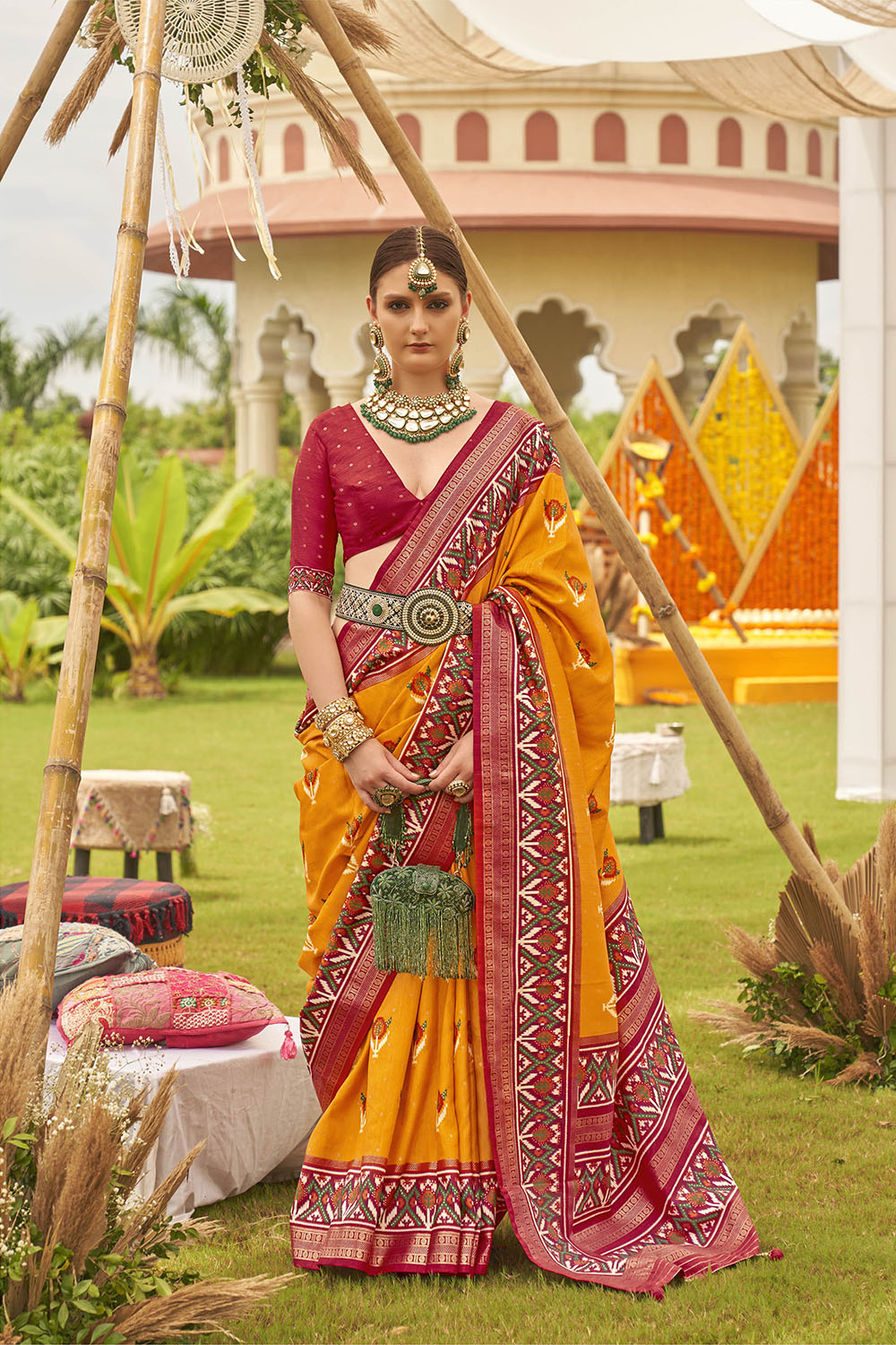 Gold Orange & Red Border Patola Silk Saree with Designer Red Blouse