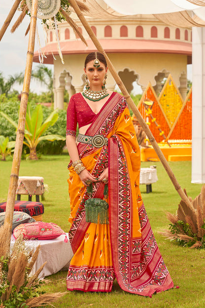 Gold Orange & Red Border Patola Silk Saree with Designer Red Blouse