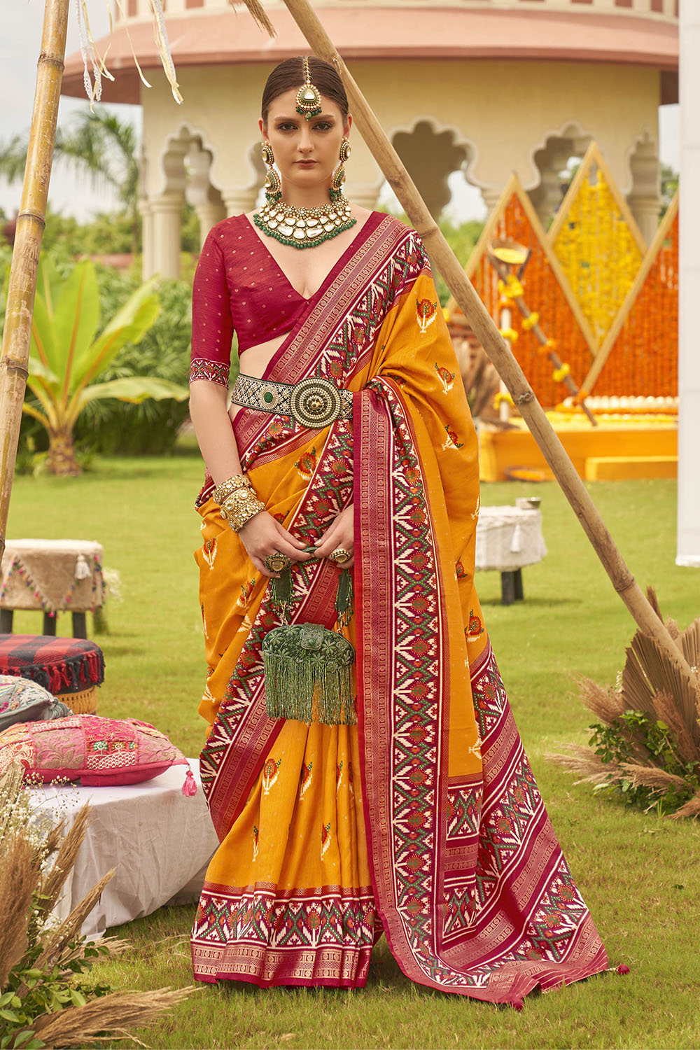 Gold Orange & Red Border Patola Silk Saree with Designer Red Blouse
