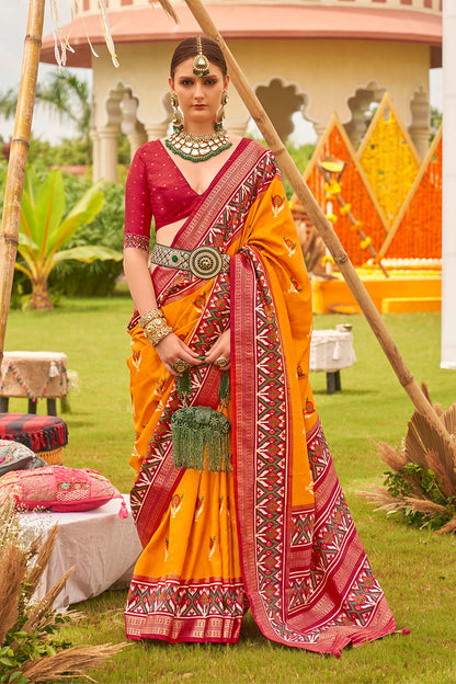 Gold Orange & Red Border Patola Silk Saree with Designer Red Blouse