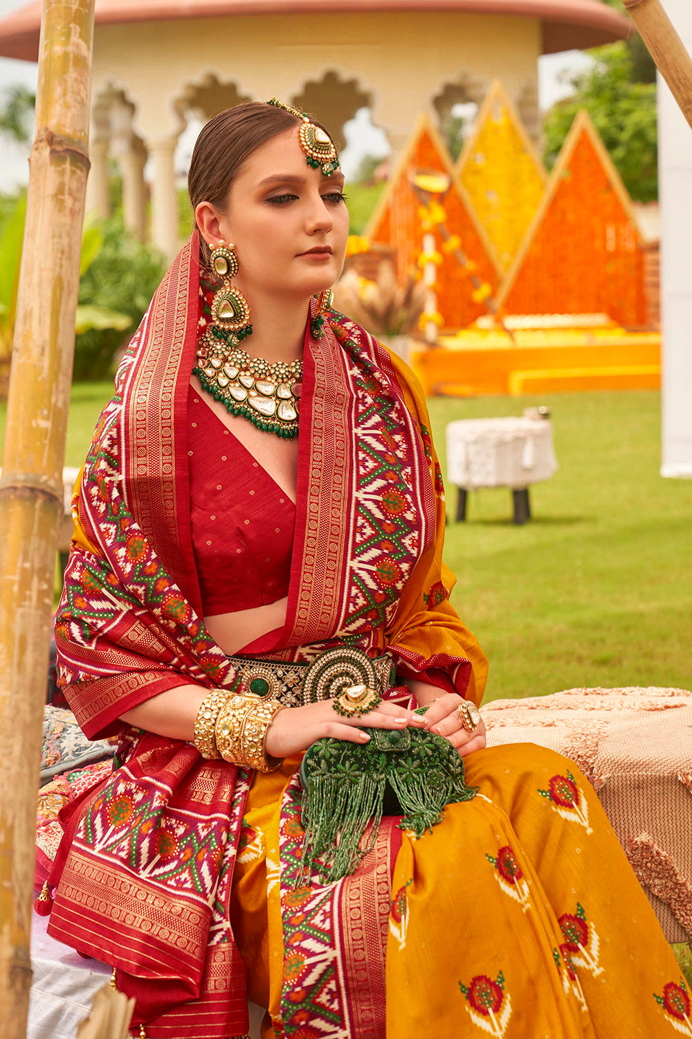Gold Orange & Red Border Patola Silk Saree with Designer Red Blouse