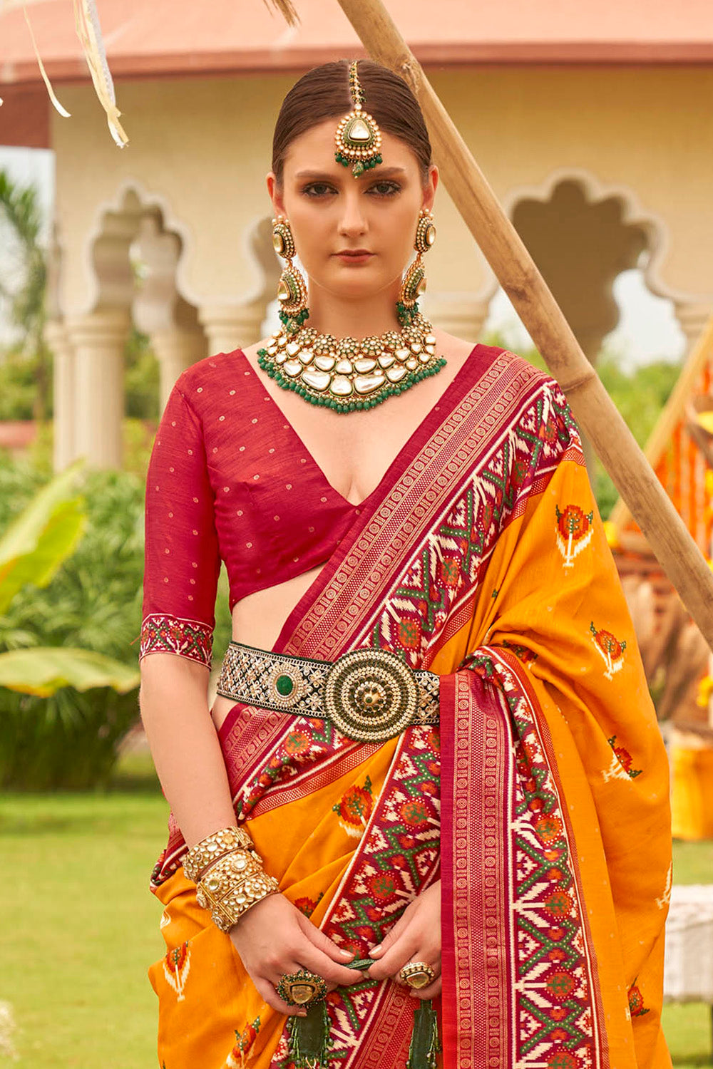 Gold Orange & Red Border Patola Silk Saree with Designer Red Blouse