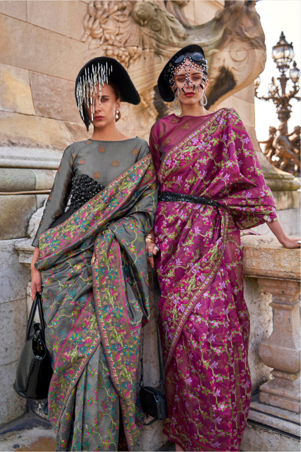 Seal Grey Floral Border Kashmiri Silk Saree with Same Colored Blouse