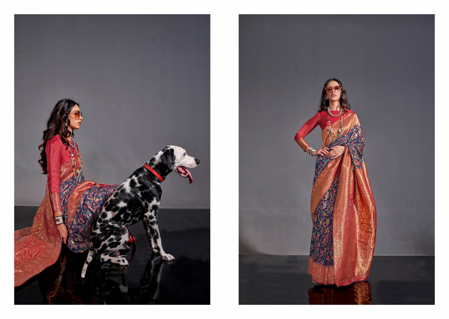 Blue Floral Designer Kashmiri Silk Saree with Red Fancy Blouse
