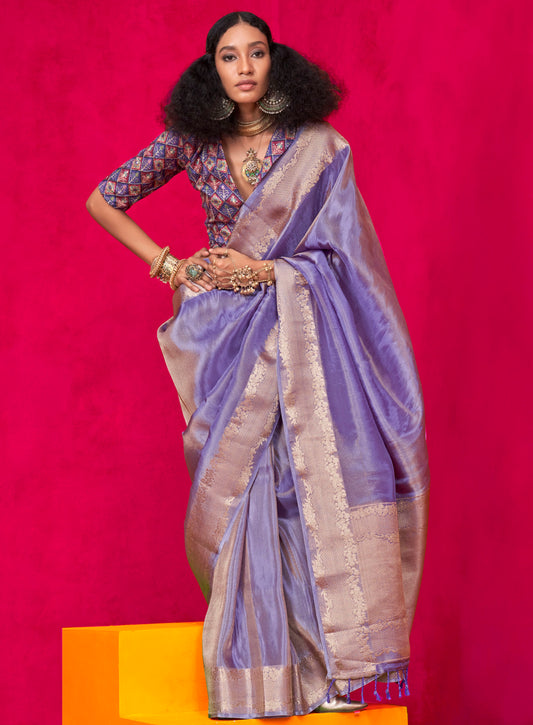 Amethyst Purple Designer Border Kanjeevaram Silk Saree with Purple Fancy Blouse