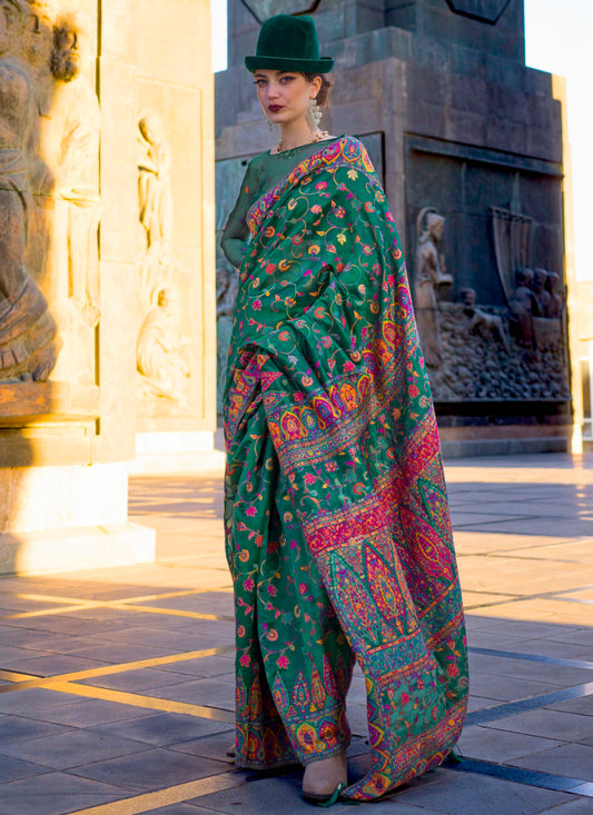 Sea Green Kashmiri Kani Silk Saree with Pretty Blouse