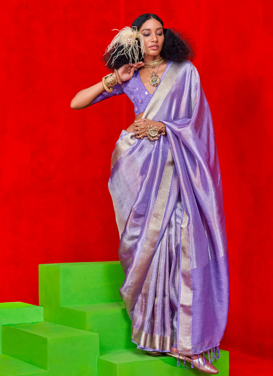 Orchid Purple & Golden Border Kanjeevaram Silk Saree with Same Colored Blouse
