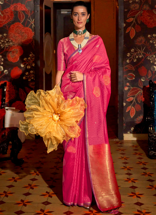 Candy Apple & Golden Border Banarasi Silk Saree with Same Colored Pretty Blouse