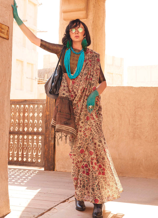 Flamingo Pink Floral Organza Saree with Designer Blouse