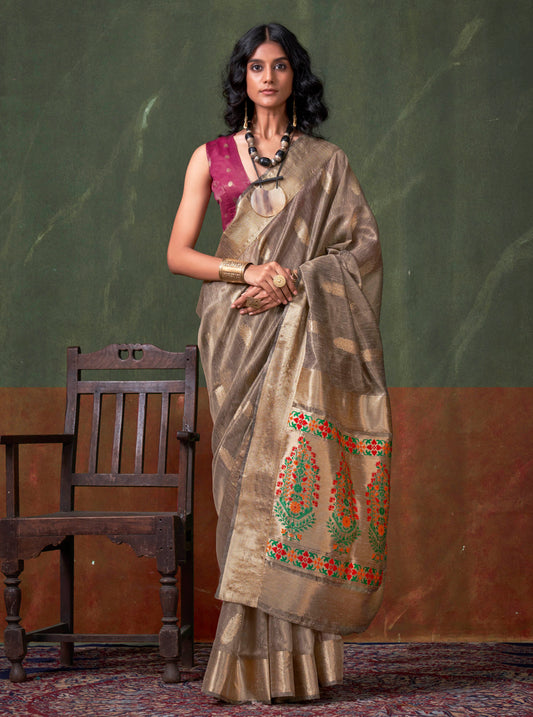 Ecru & Golden Paithani Style Tissue Silk Saree with Fancy Purple Blouse