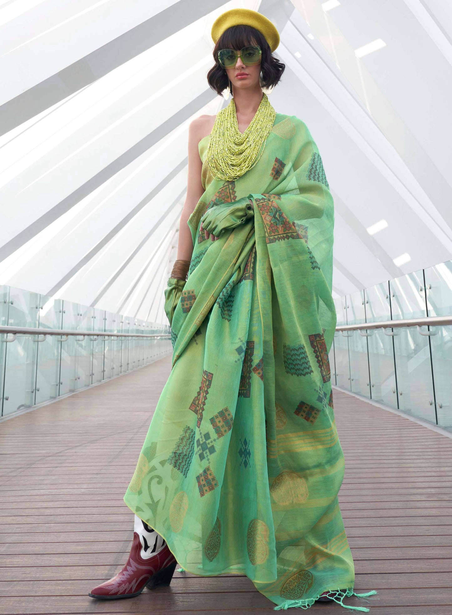 Emerald Green Tissue Silk Saree with Designer Blouse