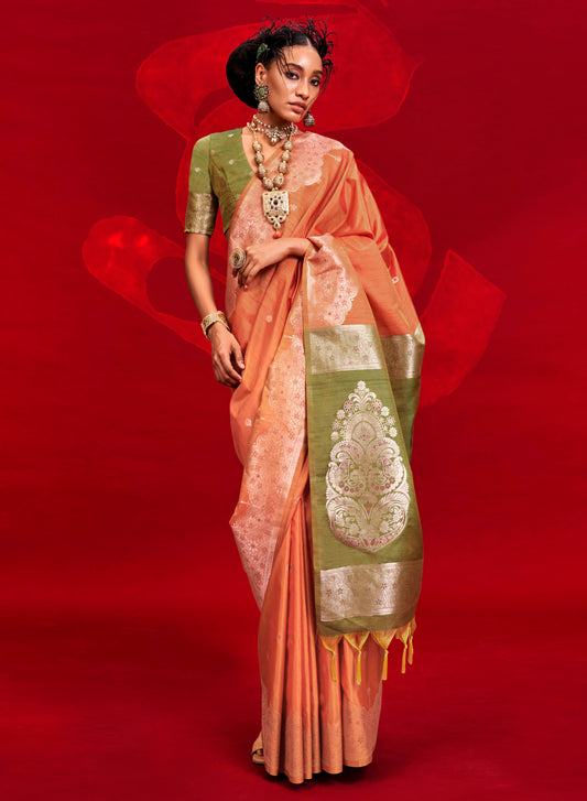 Carrot Orange & Olive Green Tussar Silk Saree with Designer Green Blouse