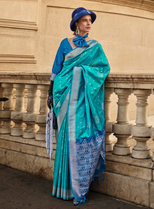 Baby Blue & Silver Border Banarasi Silk Saree with Sapphire Blue Pretty Blouse