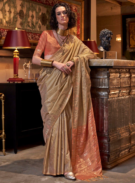 Sepia & Orange Border Tussar Silk Saree with Contrast Orange Blouse