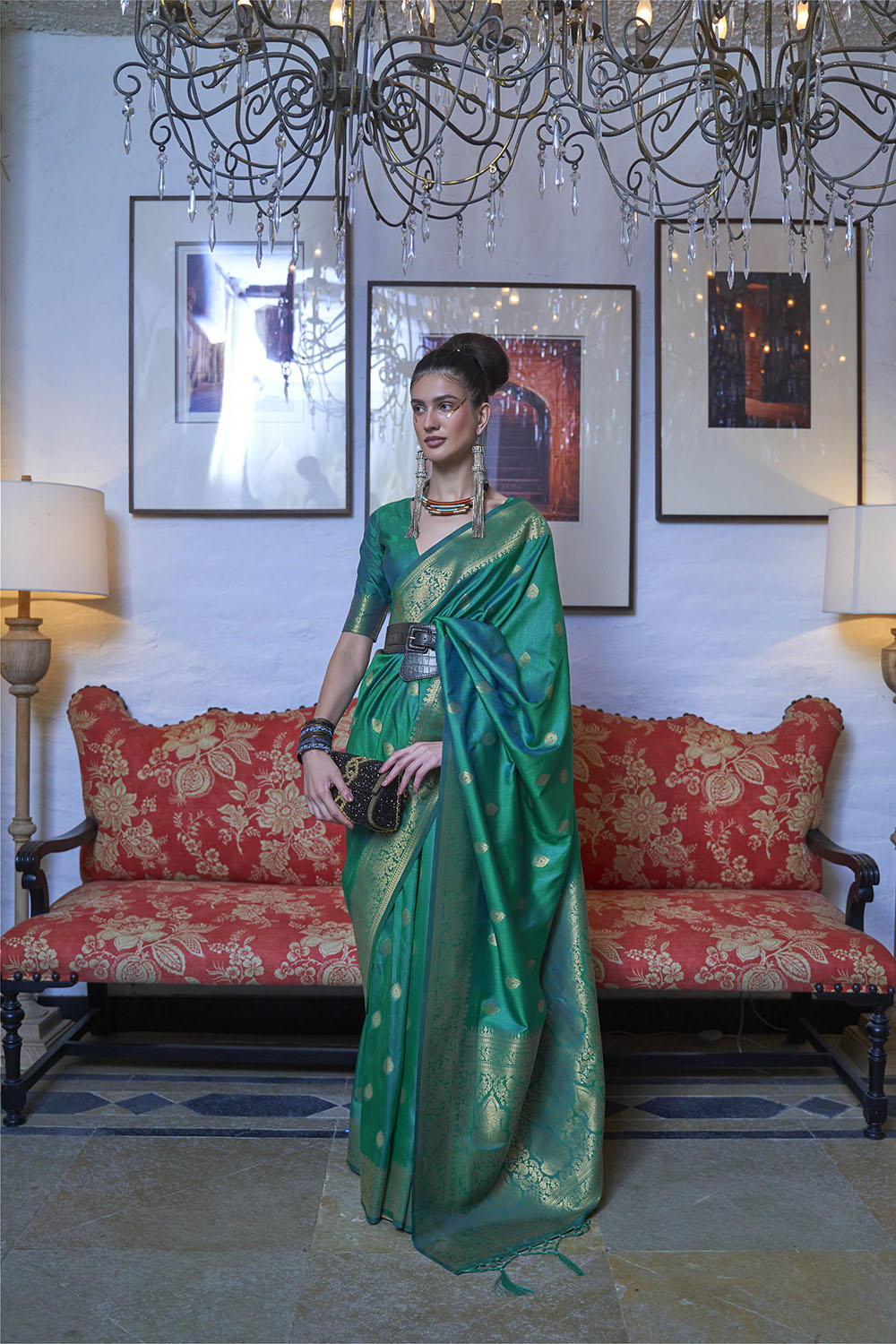 Dark Green & Golden Border Banarasi Silk Saree with Same Colored Designer Blouse