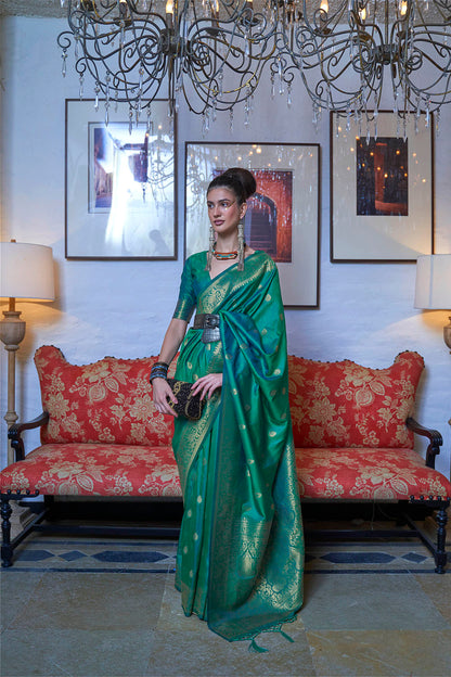 Dark Green & Golden Border Banarasi Silk Saree with Same Colored Designer Blouse