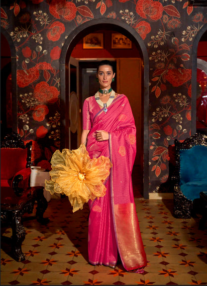 Candy Apple & Golden Border Banarasi Silk Saree with Same Colored Pretty Blouse
