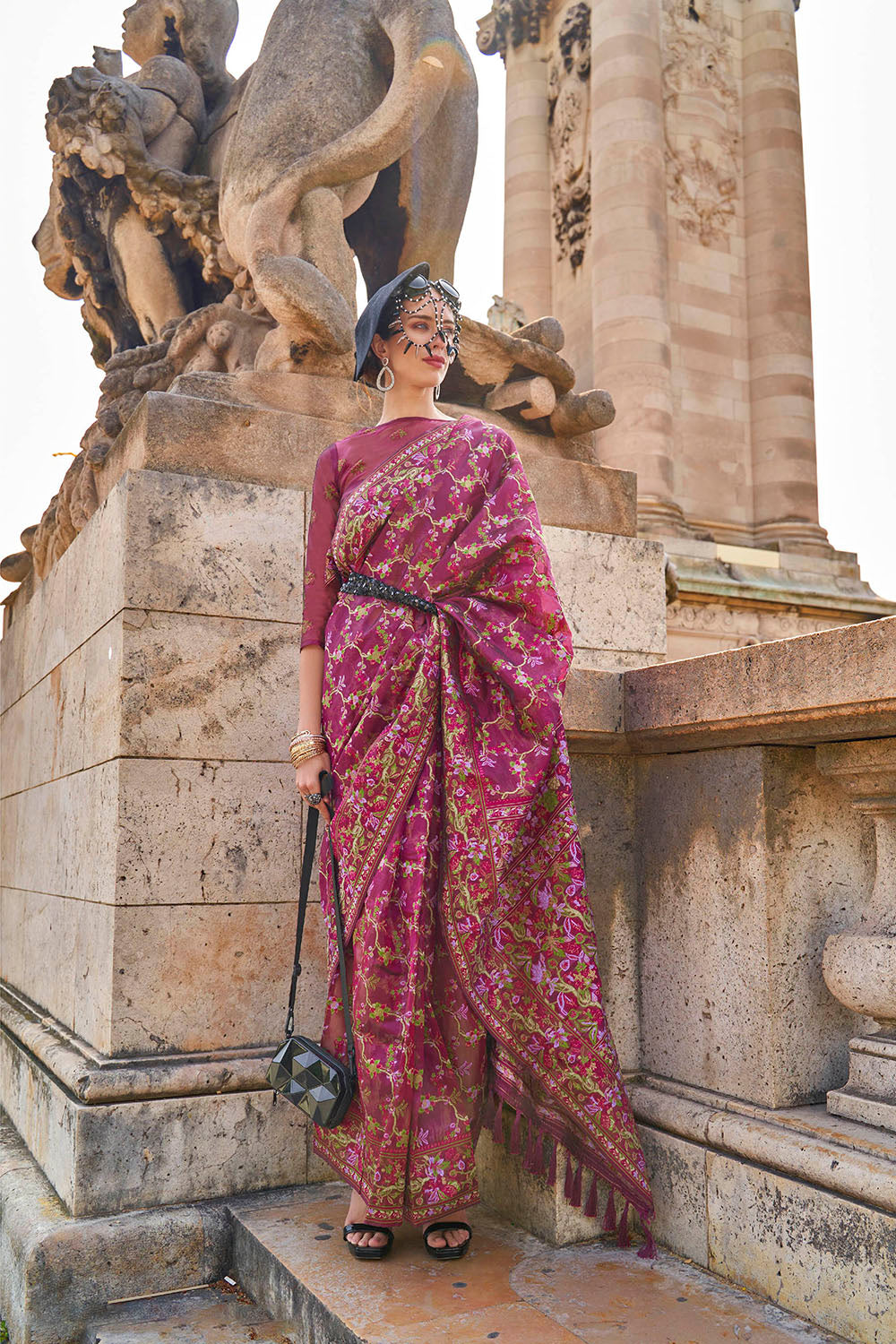 Fandango Purple Floral Kashmiri Silk Saree with Designer Blouse