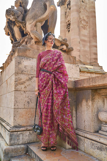 Fandango Purple Floral Kashmiri Silk Saree with Designer Blouse
