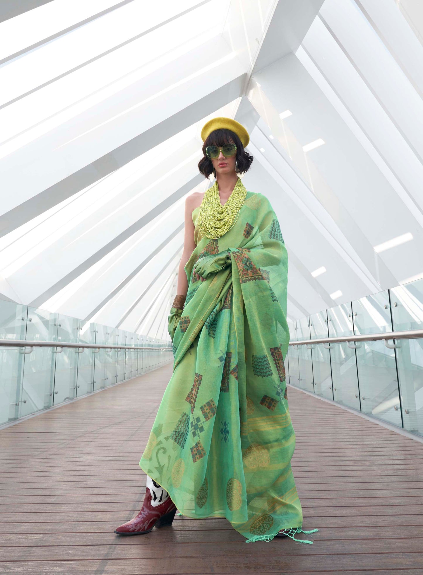 Emerald Green Tissue Silk Saree with Designer Blouse