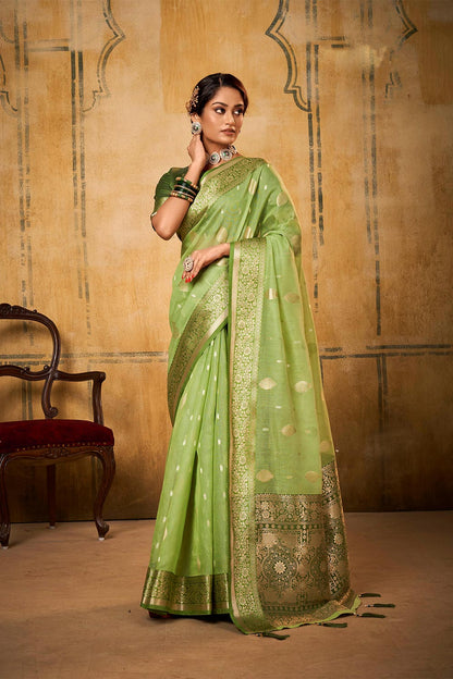 Emerald Green & Golden Border Banarasi Silk Saree with Green Designer Blouse