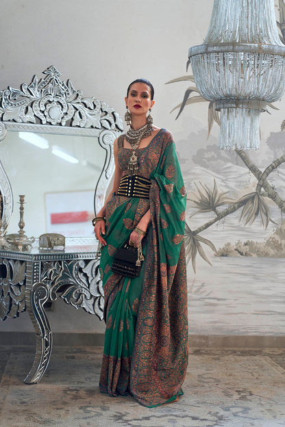 Forest Green & Floral Design Border Kashmiri Saree with Sleeve Less Blouse