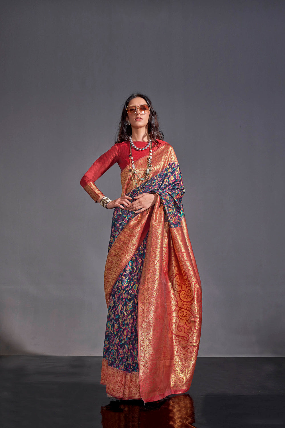 Blue Floral Designer Kashmiri Silk Saree with Red Fancy Blouse
