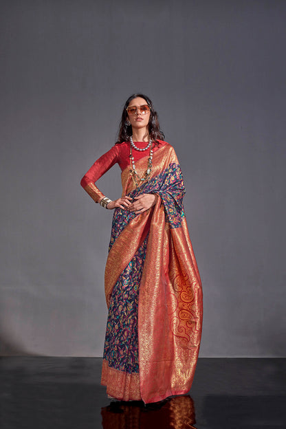 Blue Floral Designer Kashmiri Silk Saree with Red Fancy Blouse
