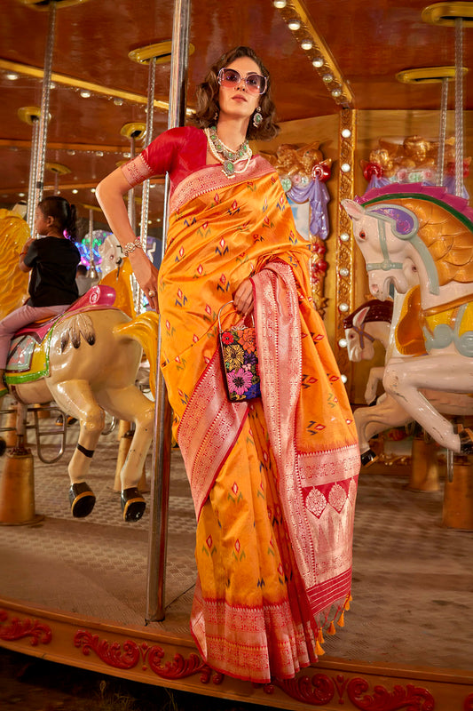 Honey Yellow Banarasi Silk Saree with Red Fancy Blouse