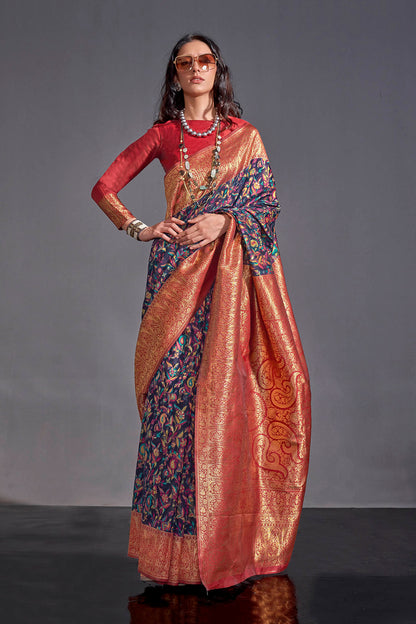 Blue Floral Designer Kashmiri Silk Saree with Red Fancy Blouse