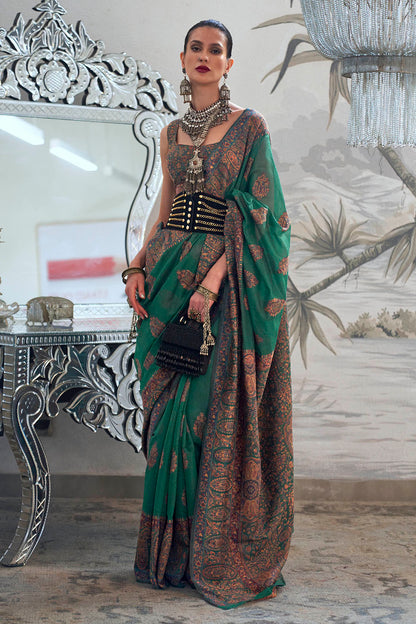 Forest Green & Floral Design Border Kashmiri Saree with Sleeve Less Blouse