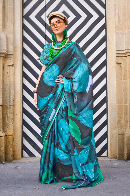 Blue & Black Multicolored Printed Saree with Fancy Blouse