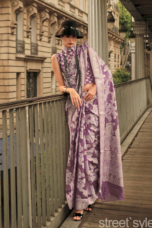 Mauve Purple & Designer Lucknowi Chikan Kari Saree with Fancy Sleeve Less Blouse