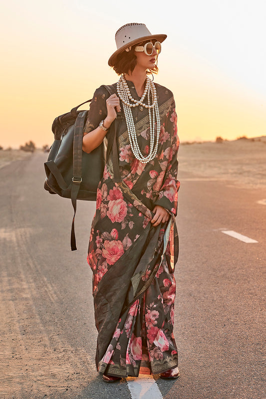 Fern Green Printed Saree with Green Designer Blouse
