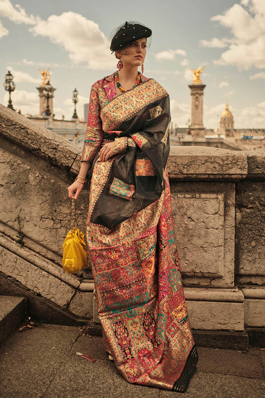 Black & Golden Border Kashmiri Silk Saree with Pretty Blouse