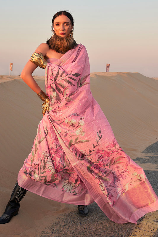 Creamy Pink Printed Saree with Contrast Same Colored Blouse