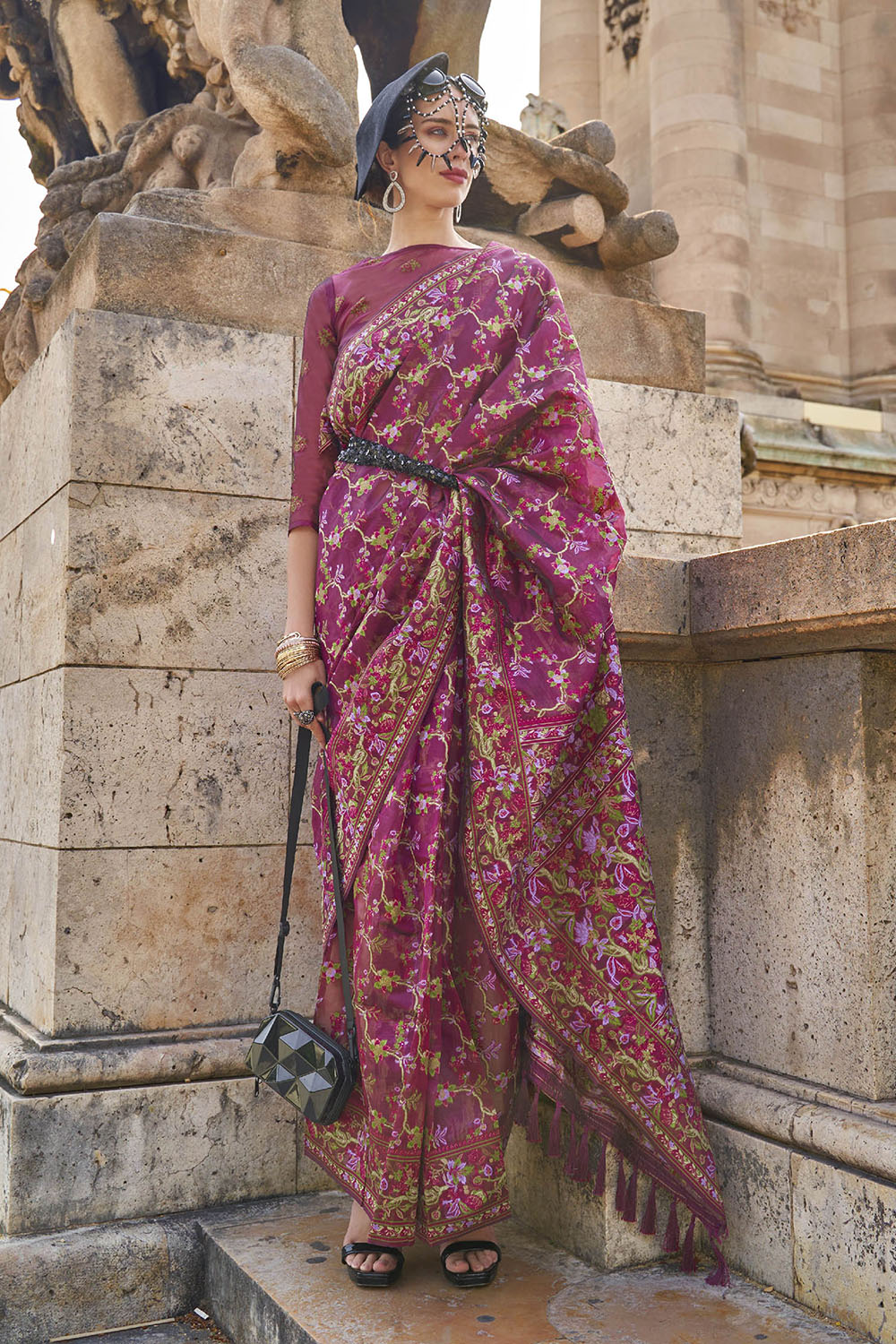 Fandango Purple Floral Kashmiri Silk Saree with Designer Blouse