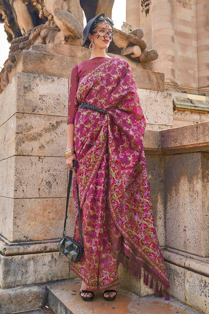 Fandango Purple Floral Kashmiri Silk Saree with Designer Blouse