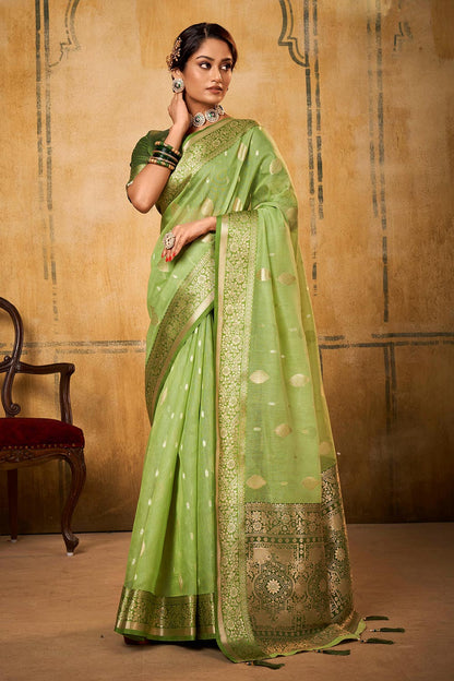 Emerald Green & Golden Border Banarasi Silk Saree with Green Designer Blouse