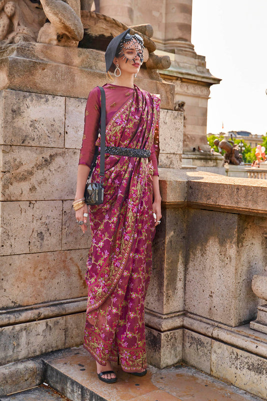 Fandango Purple Floral Kashmiri Silk Saree with Designer Blouse