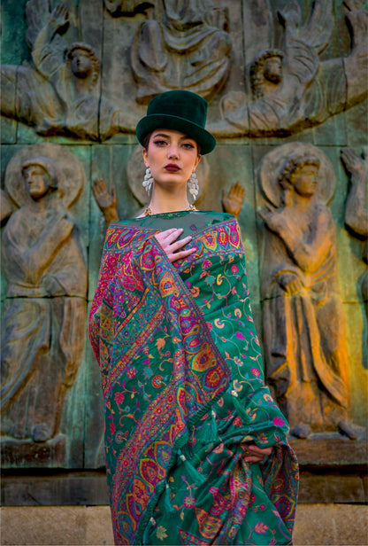 Sea Green Kashmiri Kani Silk Saree with Pretty Blouse
