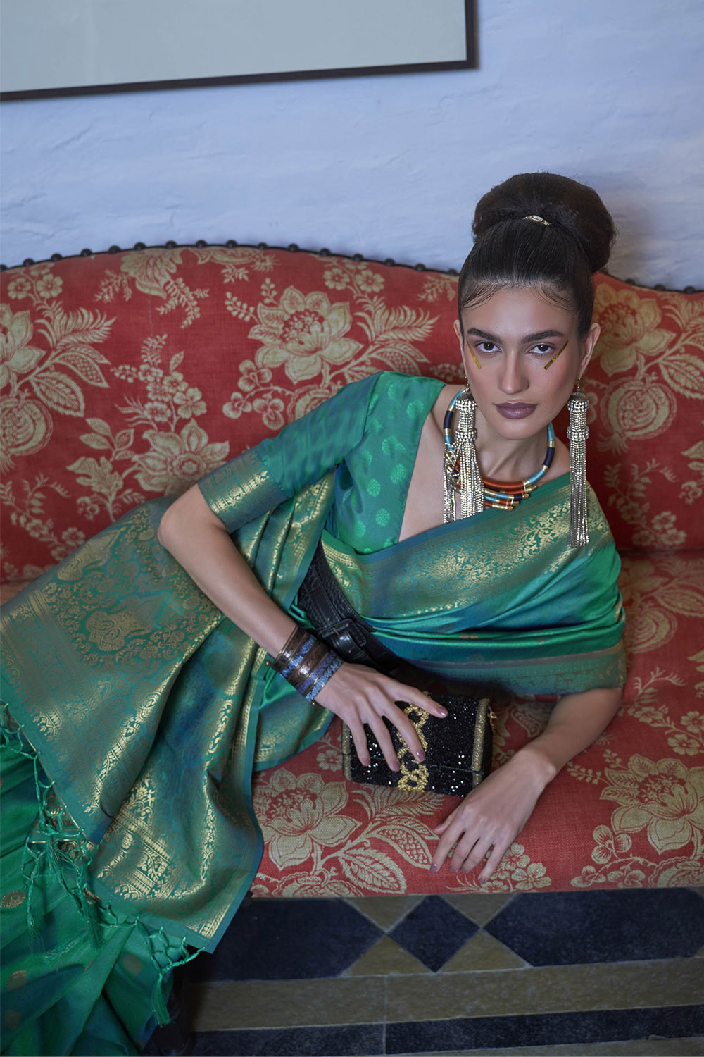 Dark Green & Golden Border Banarasi Silk Saree with Same Colored Designer Blouse
