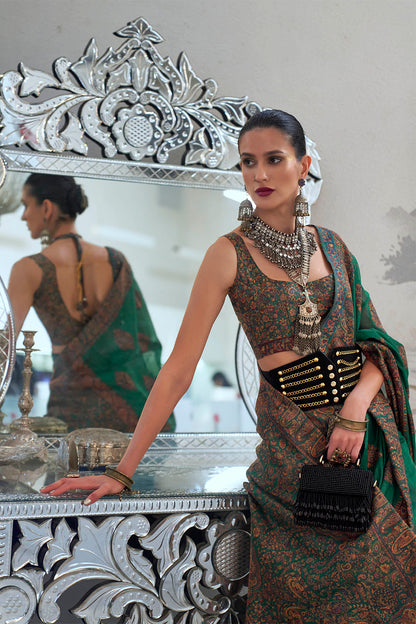 Forest Green & Floral Design Border Kashmiri Saree with Sleeve Less Blouse